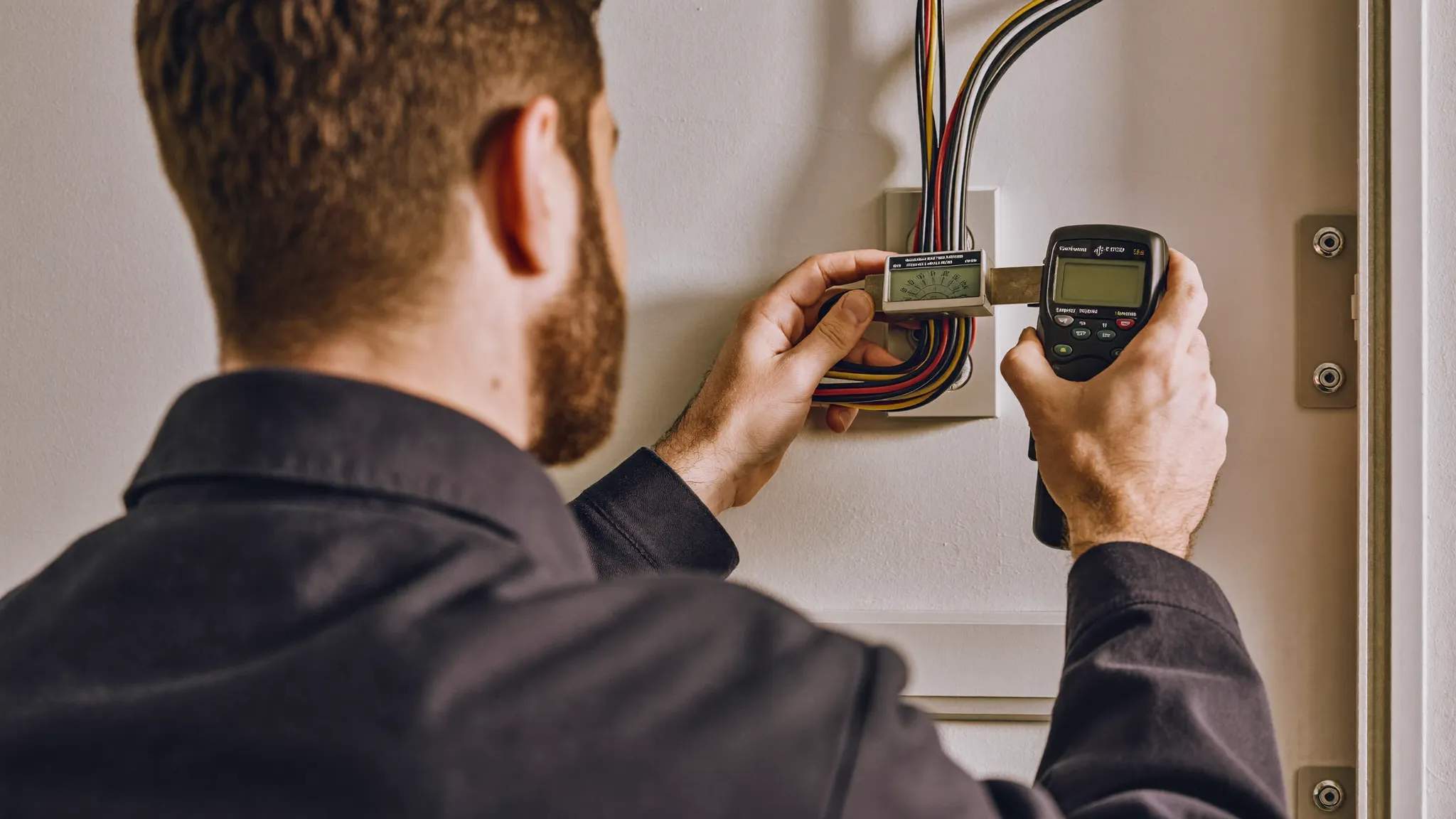 Electricista midiendo la potencia eléctrica en el cuadro de una vivienda de Sant Cugat del Vallès