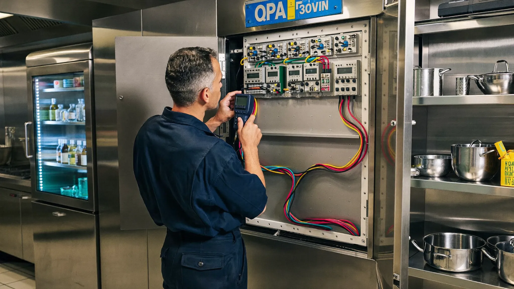 Electricista revisando el cuadro eléctrico de la cocina de un restaurante en Sant Cugat del Vallès