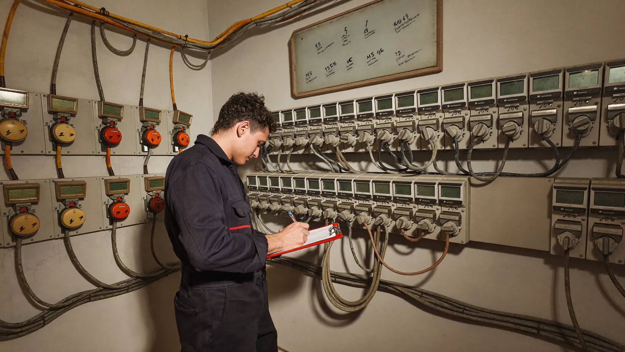 Electricista trabajando en la sala de contadores de una comunidad de vecinos en Sant Cugat del Vallès