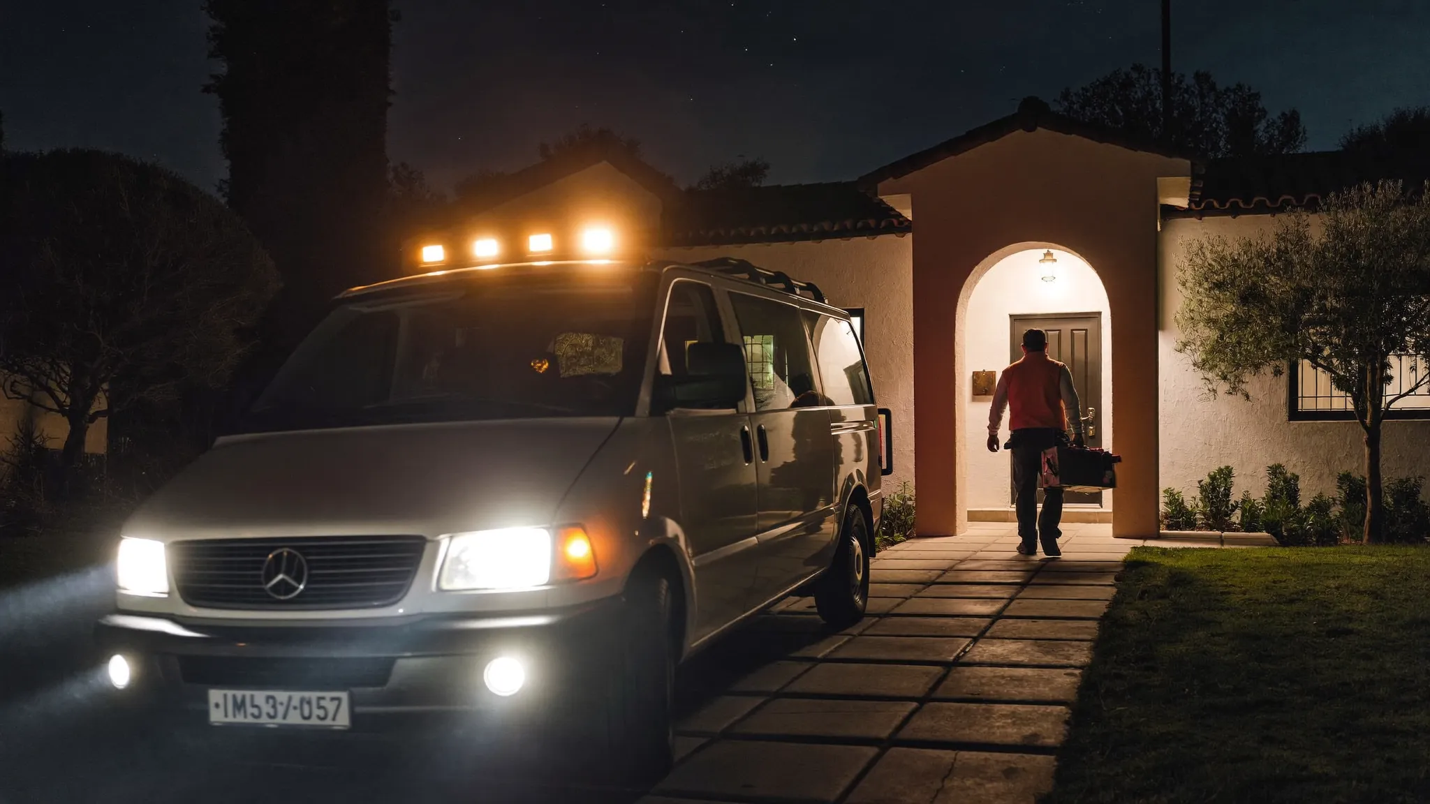 Furgoneta del electricista de urgencias llegando de noche a una vivienda de Sant Cugat del Vallès