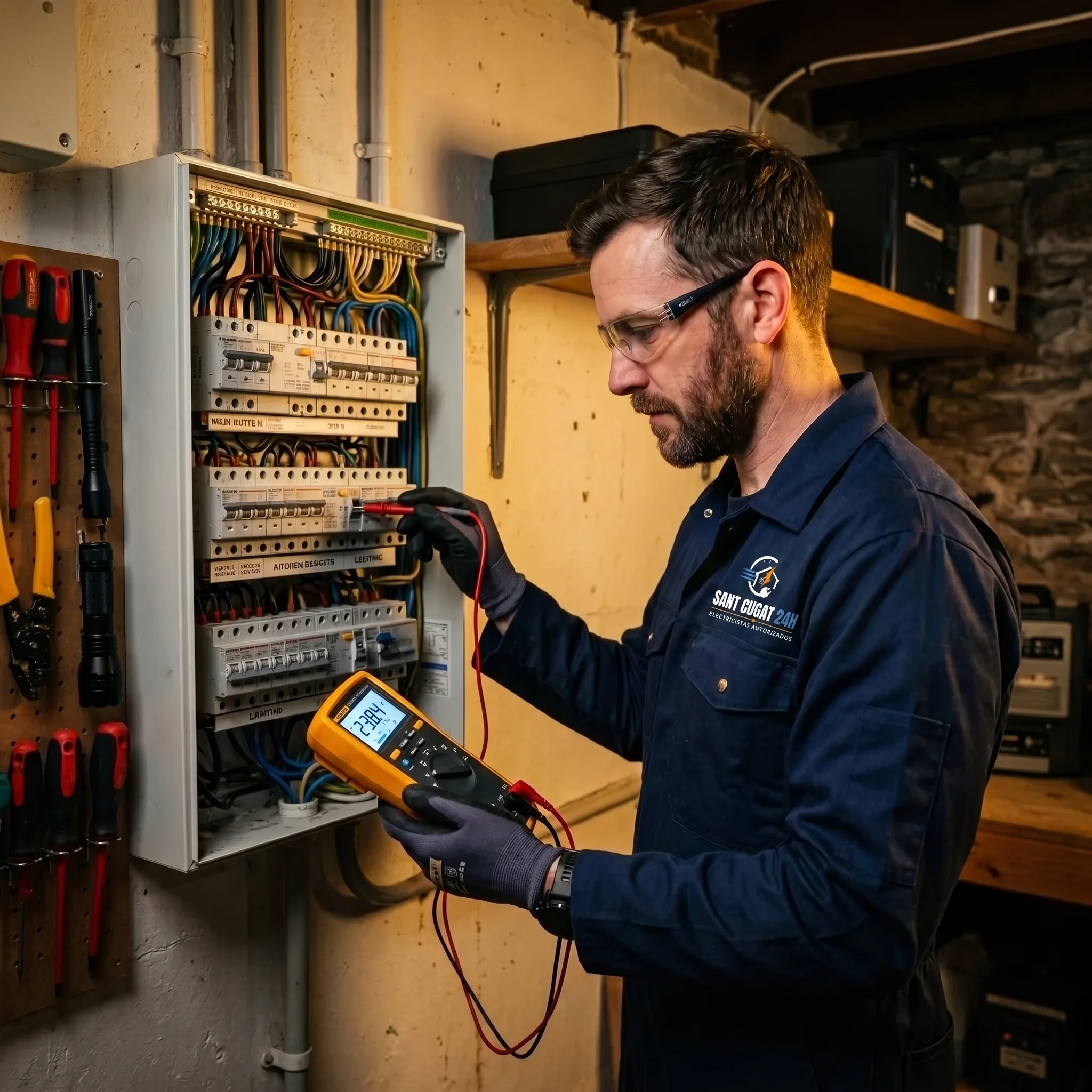 Electricista de urgencias 24 horas de Sant Cugat del Vallès con uniforme de Sant Cugat 24h revisando un cuadro eléctrico