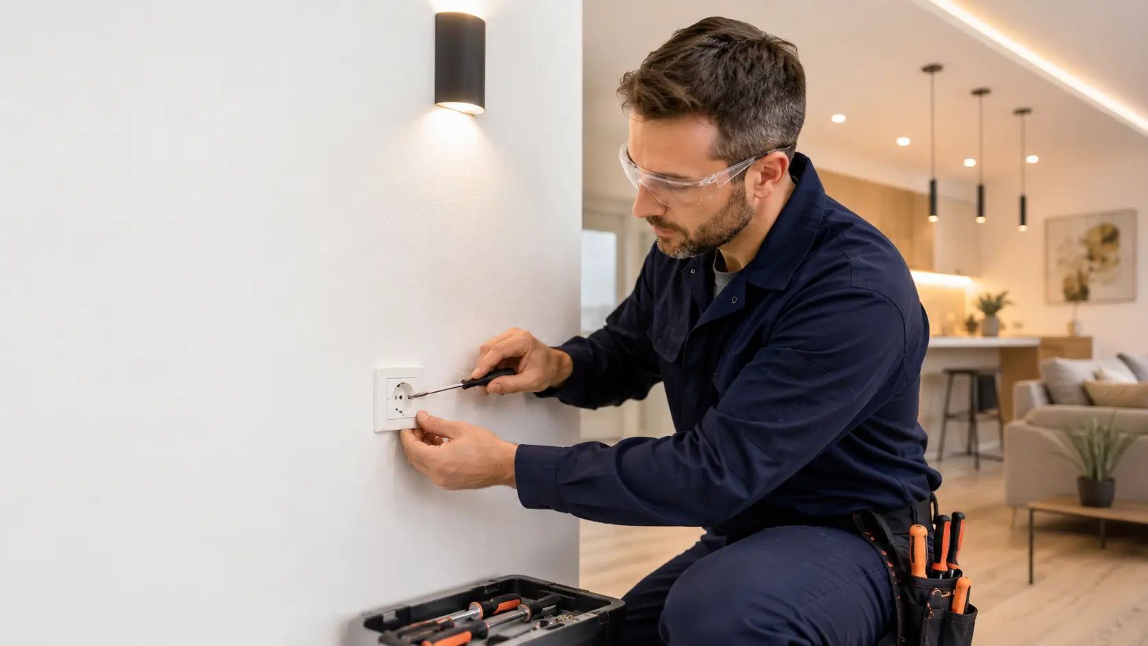 Electricista instalando enchufes e iluminación LED en una vivienda de Sant Cugat del Vallès