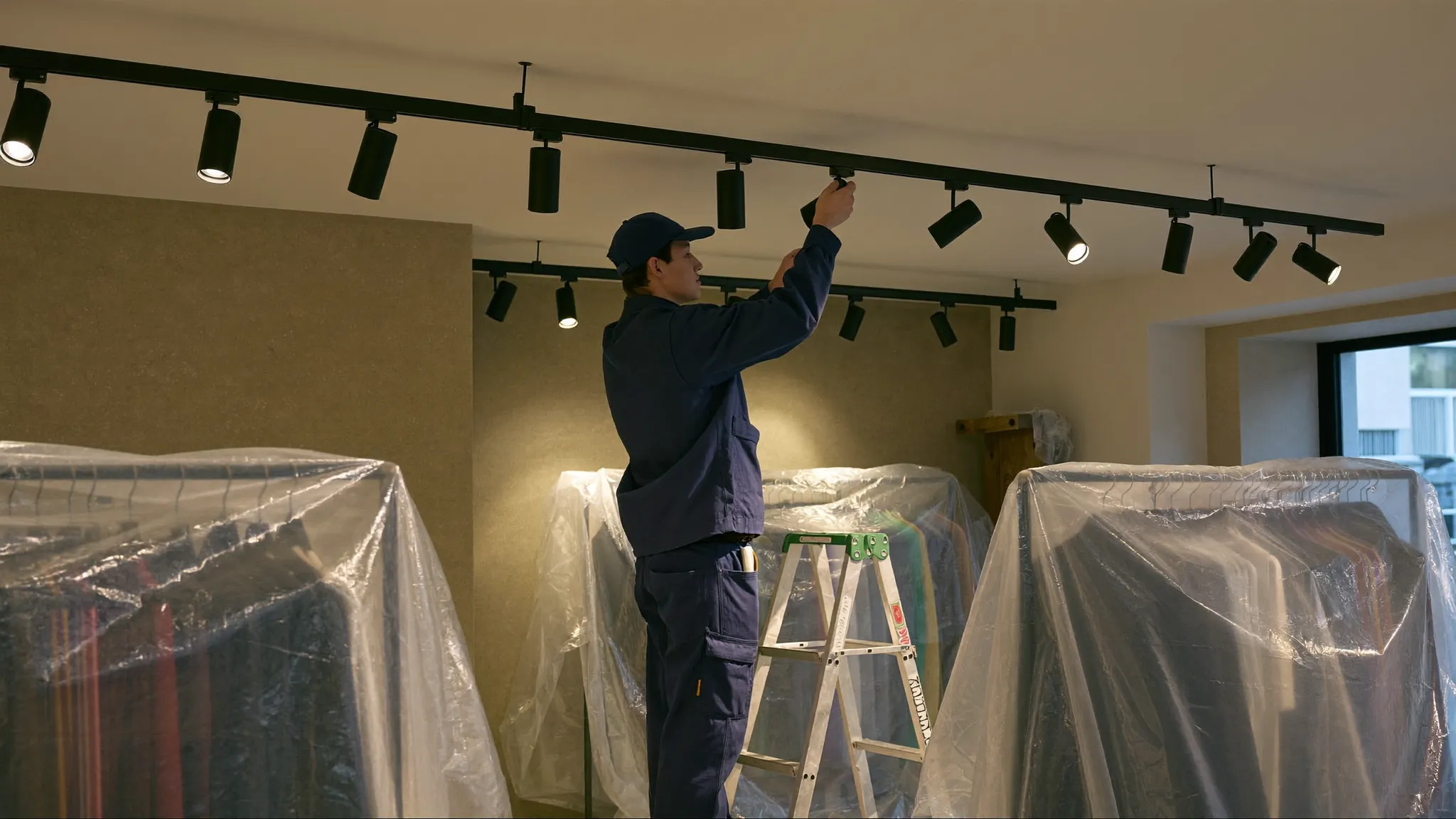 Electricista instalando focos de carril en una tienda en reforma en Sant Cugat del Vallès