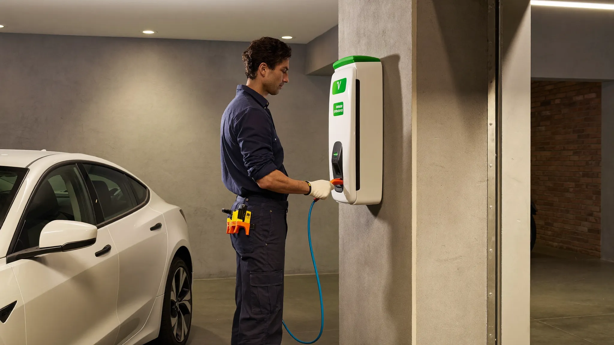 Electricista instalando un cargador wallbox para coche eléctrico en un garaje de Sant Cugat del Vallès