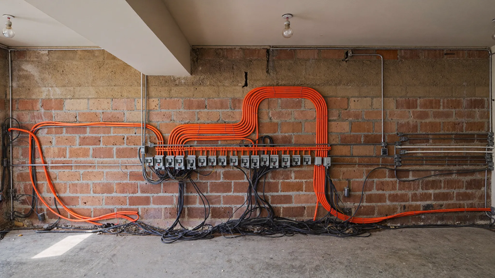 Tubos corrugados y cajas de la instalación eléctrica de una vivienda en obra en Sant Cugat del Vallès