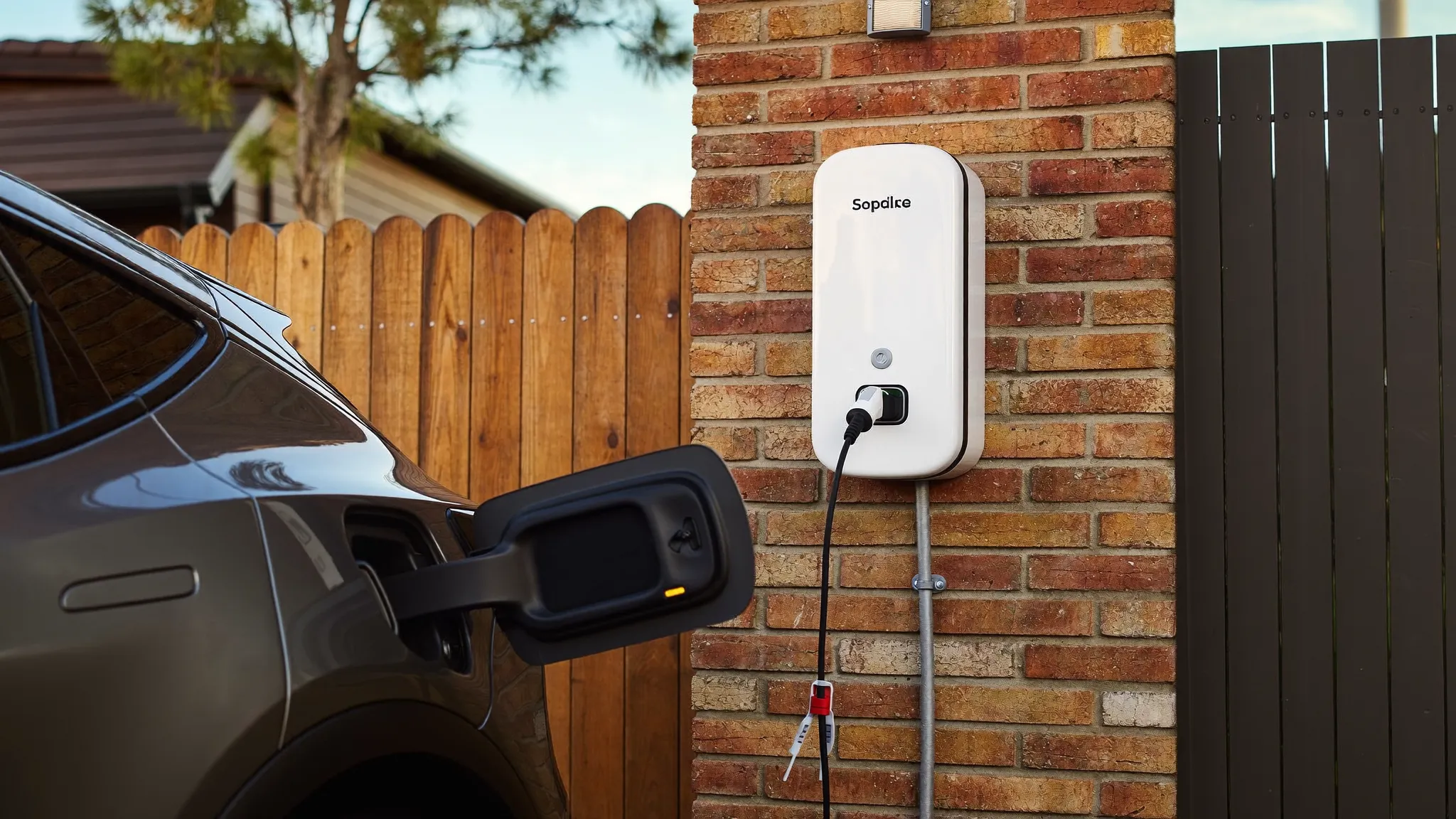 Cargador wallbox instalado en el porche de un chalet de Sant Cugat del Vallès cargando un coche eléctrico